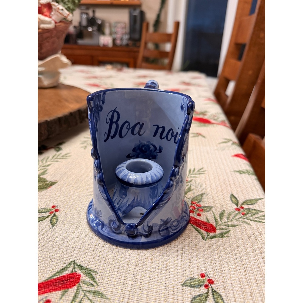 Vestal Portugal Hand Painted Ceramic Candle Holder Blue White Floral "Boa Noite"